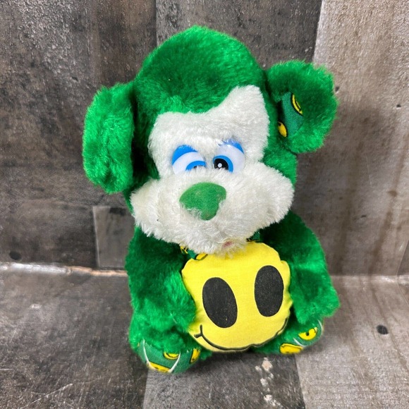 VTG NANCO 1997 Nancy Sales Green Plush Animal Smiley Face Colorful Dog Bear? 7" - Picture 2 of 9